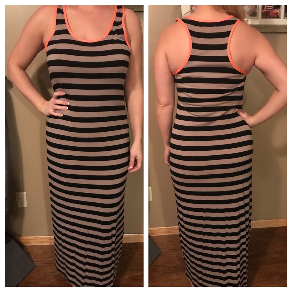 Brown & Tan striped maxi. Orange neon Accent